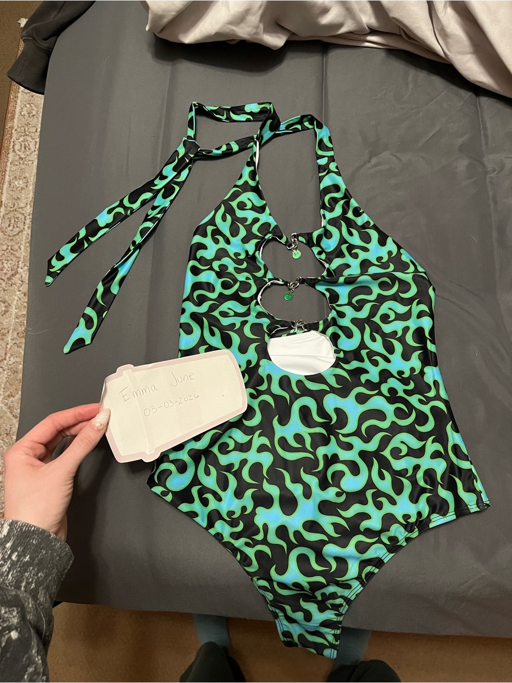 iHeartRaves Black and Green Flame Halter One-Piece with Ring Cutouts